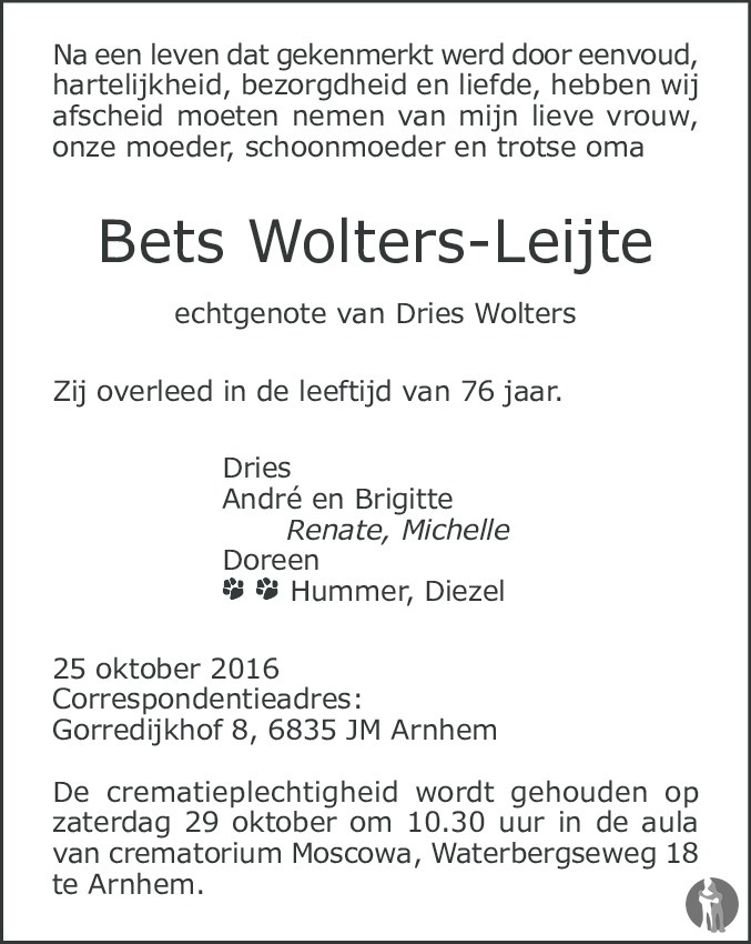 Bets Wolters Leijte 25 10 2016 Overlijdensbericht En Condoleances