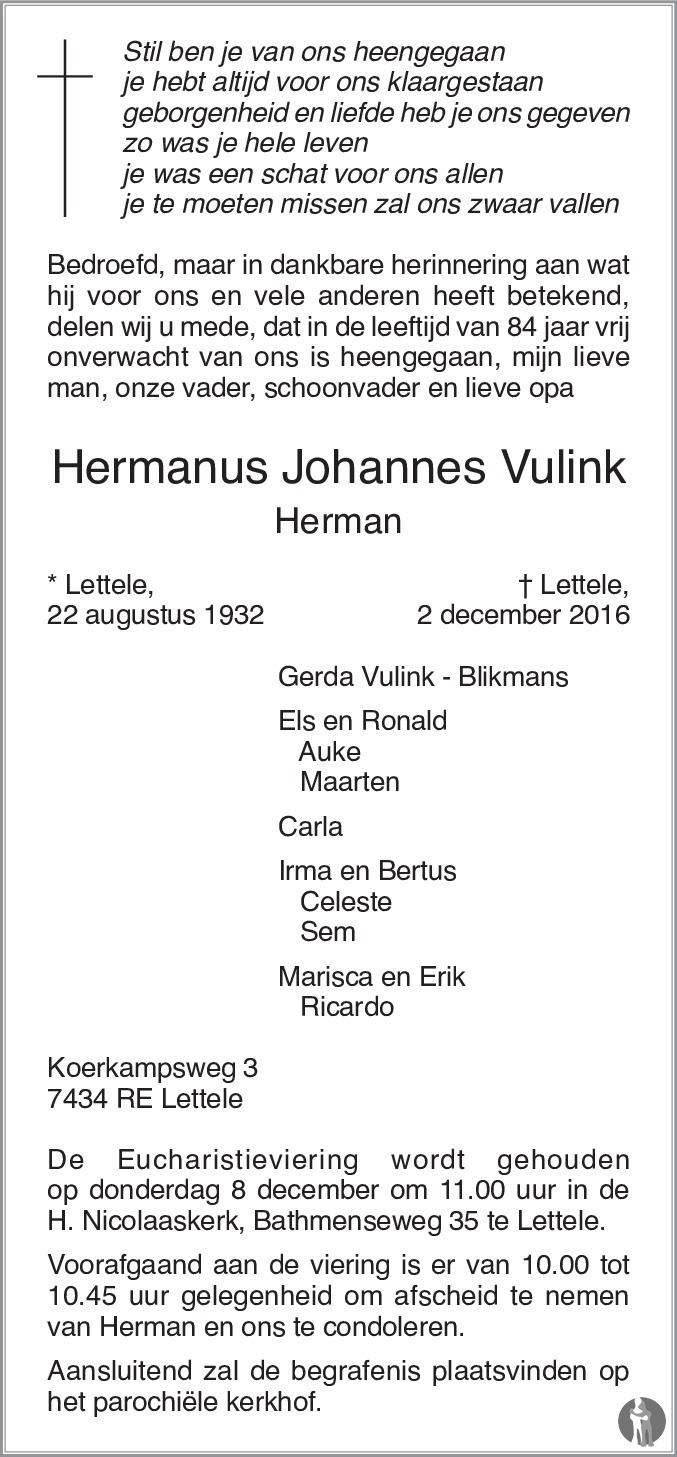 Hermanus Johannes Herman Vulink 02 12 2016 Overlijdensbericht En