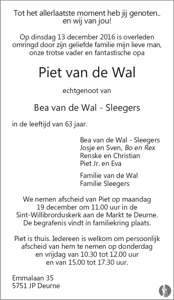 Piet Van De Wal Overlijdensbericht En Condoleances