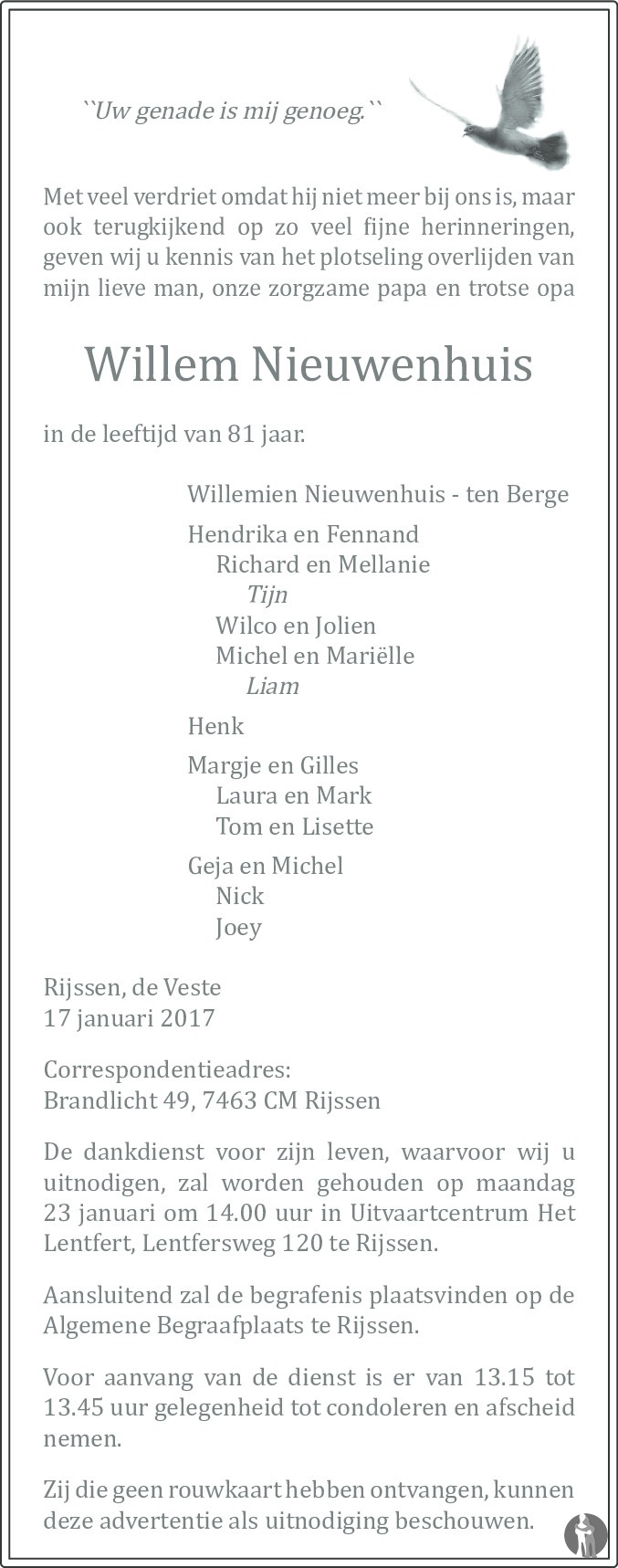 Willem Nieuwenhuis 17 01 2017 Overlijdensbericht En Condoleances