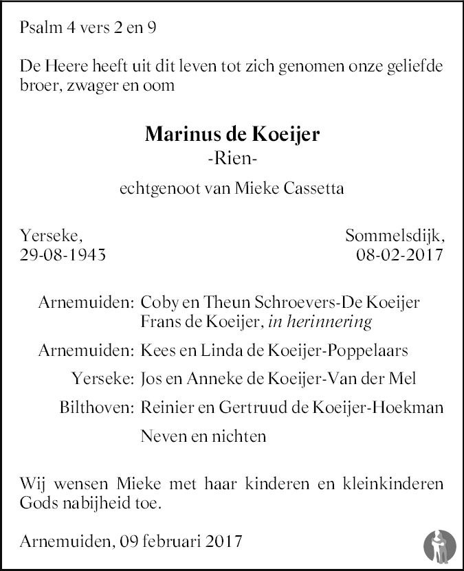 Marinus Rien De Koeijer Overlijdensbericht En Condoleances