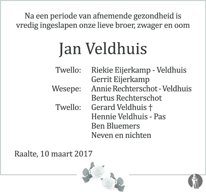 Jan Veldhuis Overlijdensbericht En Condoleances Mensenlinq Nl