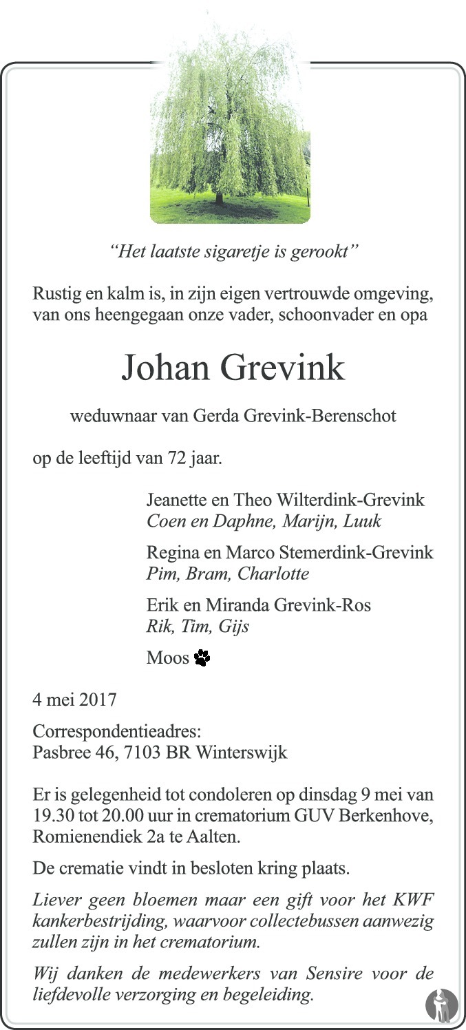 Johan Grevink 04 05 2017 Overlijdensbericht En Condoleances Mensenlinq Nl