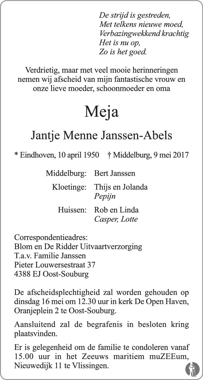 Jantje Menne Meja Janssen Abels 09 05 2017 Overlijdensbericht En