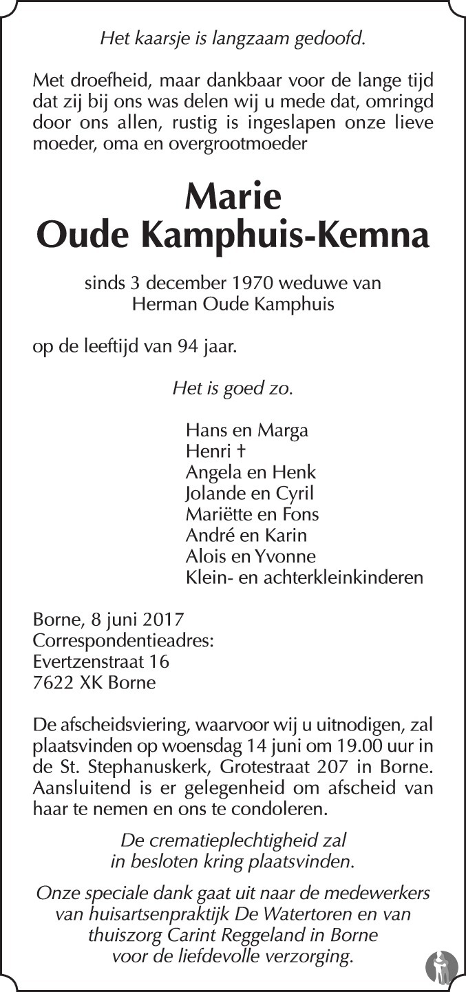 Maria Oude Kamphuis Kemna 08 06 2017 Overlijdensbericht En