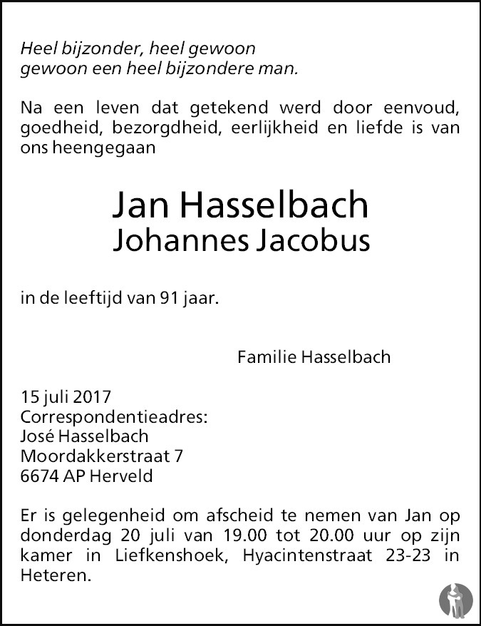 Johannes Jacobus Jan Hasselbach Overlijdensbericht En