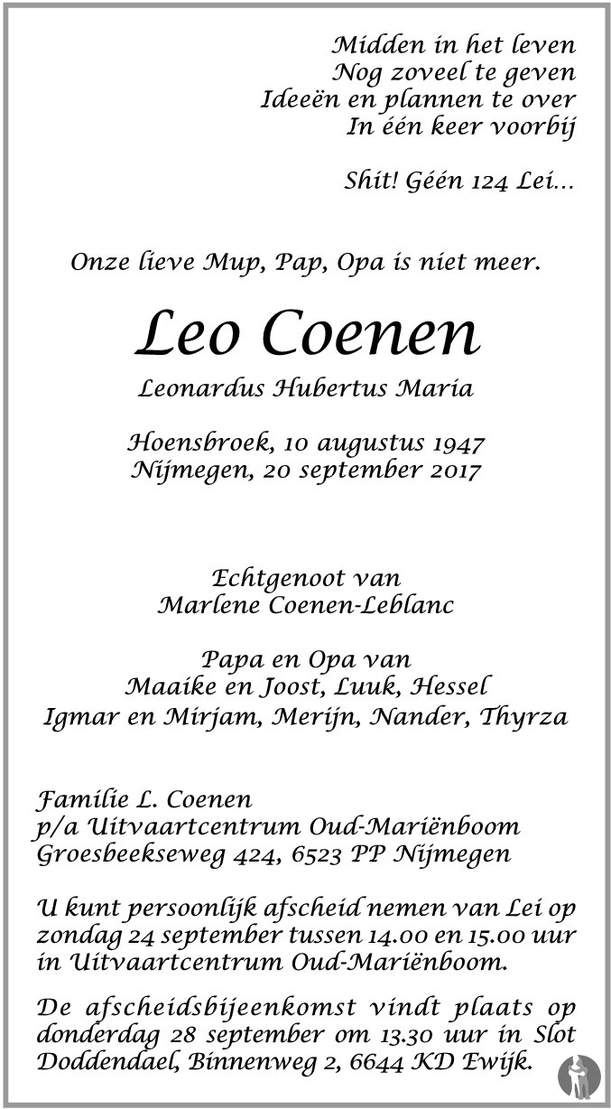 Leonardus Hubertus Maria Leo Coenen 20 09 2017 Overlijdensbericht En