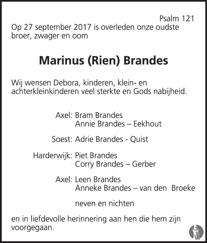 Marinus Rien Brandes 27 09 2017 Overlijdensbericht En Condoleances