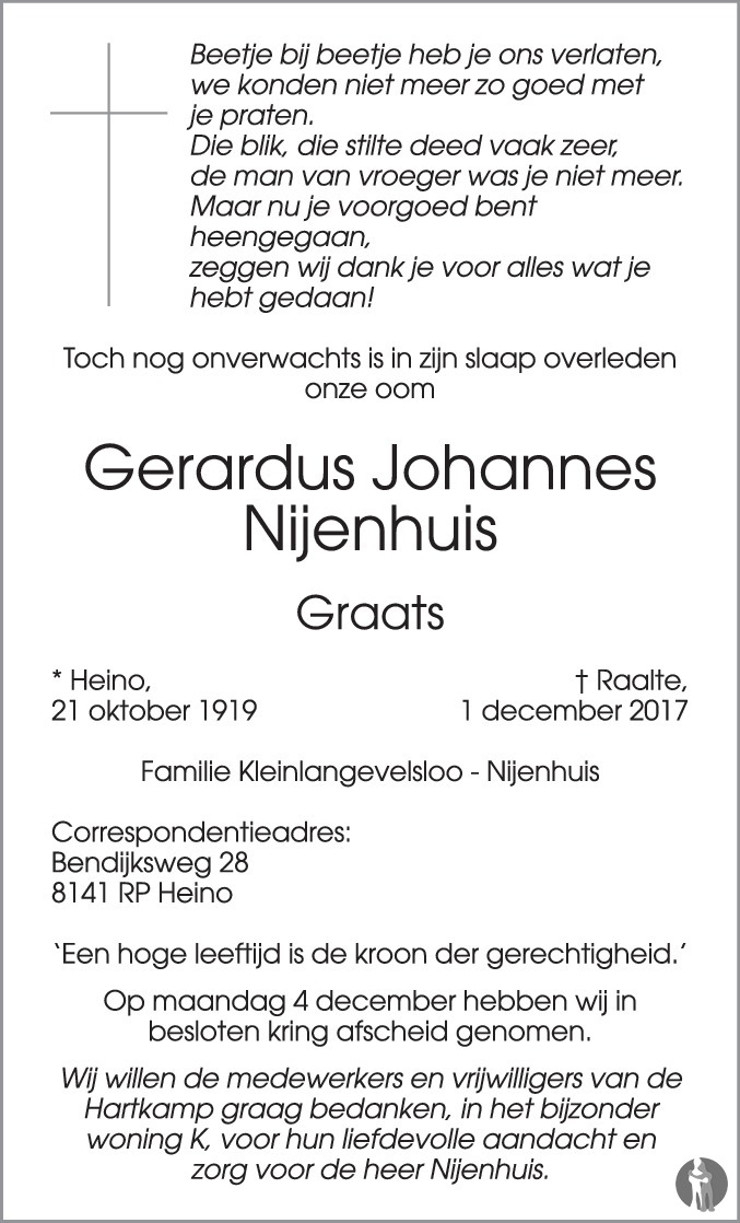 Gerardus Johannes Graats Nijenhuis 01 12 2017 Overlijdensbericht En