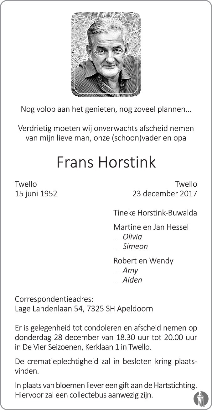 Frans Horstink 23 12 2017 Overlijdensbericht En Condoleances