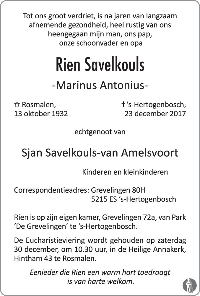 Marinus Antonius Rien Savelkouls 23 12 2017 Overlijdensbericht En