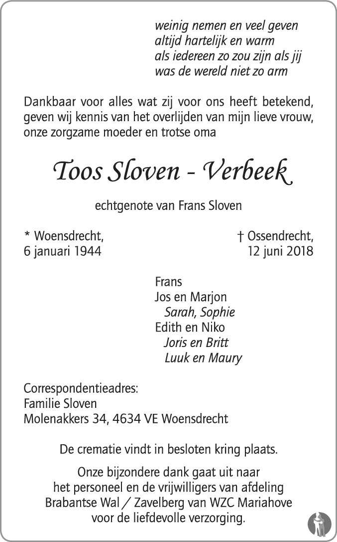 Toos Sloven Verbeek Overlijdensbericht En Condoleances