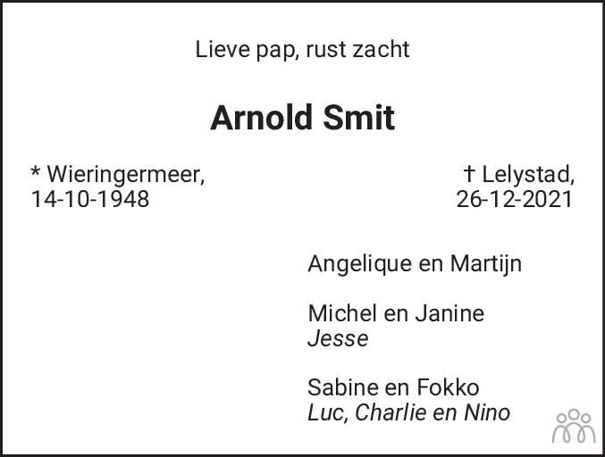 Overlijdensbericht van Arnold Smit in Schagen / Den Helder