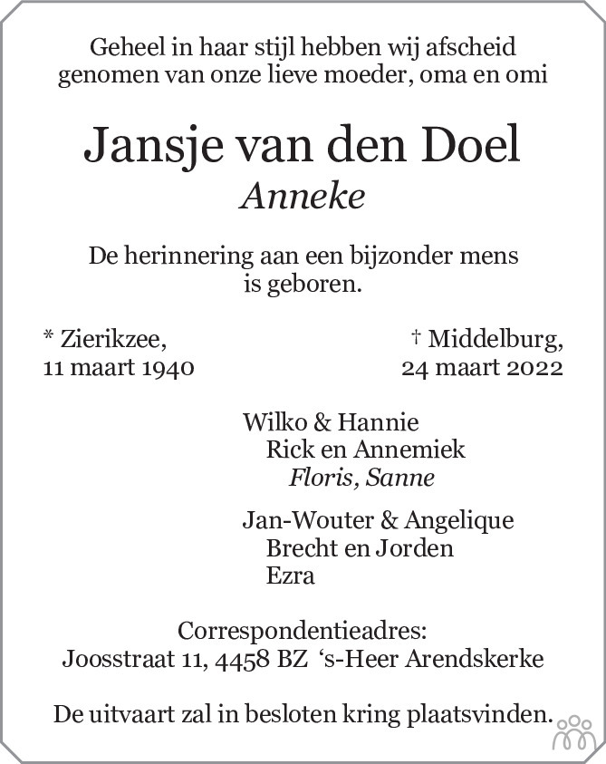 Overlijdensbericht van Jansje (Anneke) van den Doel in PZC Provinciale Zeeuwse Courant