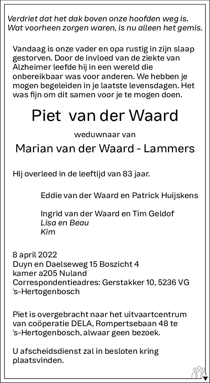Overlijdensbericht van Piet van der Waard in Mensenlinq