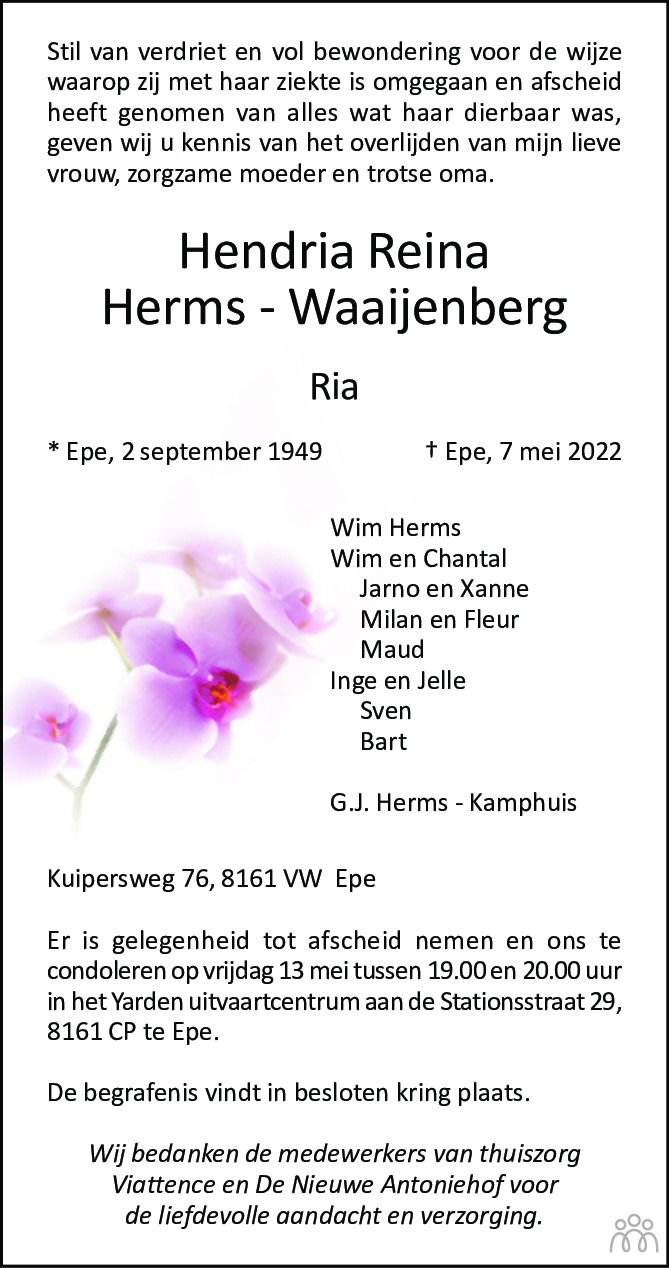 Overlijdensbericht van Hendria Reina (Ria) Herms-Waaijenberg in de Stentor