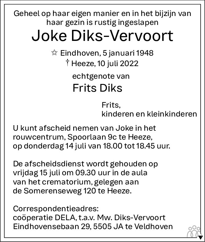 Overlijdensbericht van Joke Diks-Vervoort in Eindhovens Dagblad