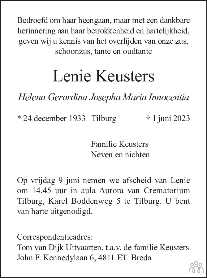 Overlijdensbericht van Lenie (Helena Gerardina Maria Innocentia)  Keusters in Brabants Dagblad
