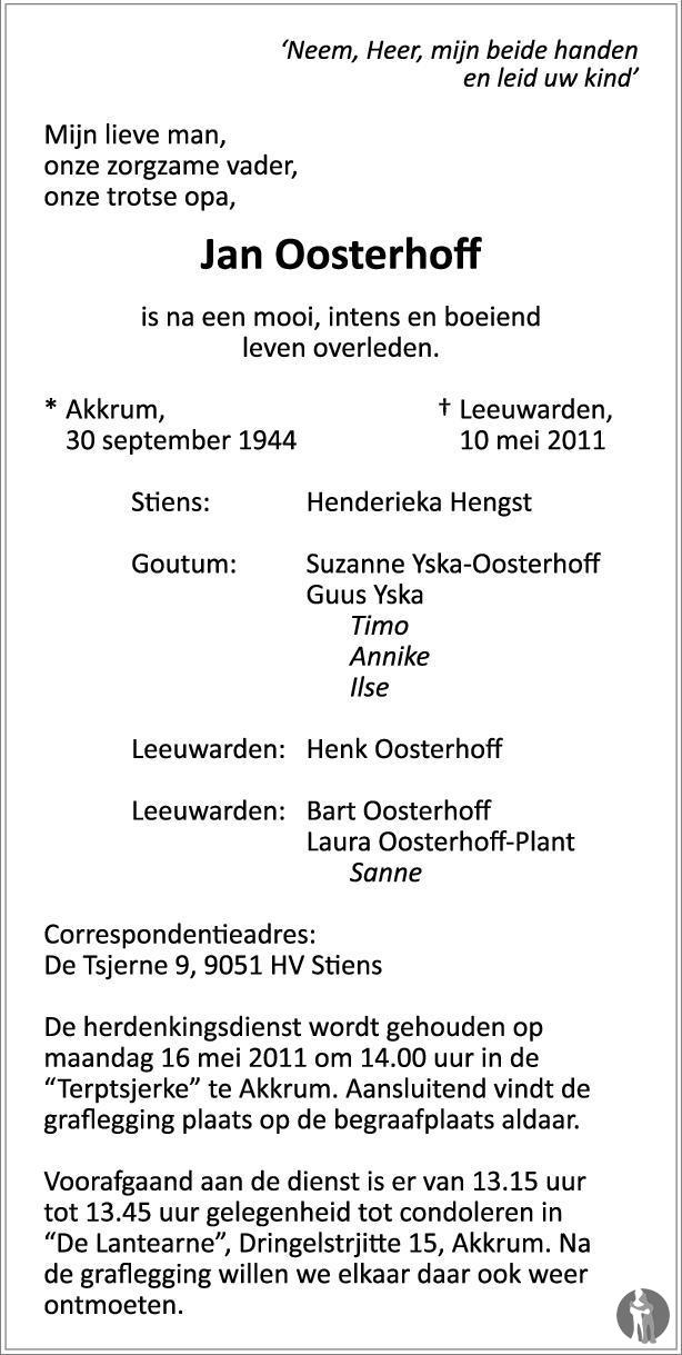 Jan Oosterhoff 10-05-2011 overlijdensbericht en condoleances ...