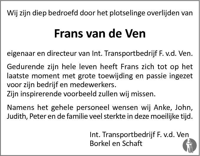 Frans van de Ven 13082013 overlijdensbericht