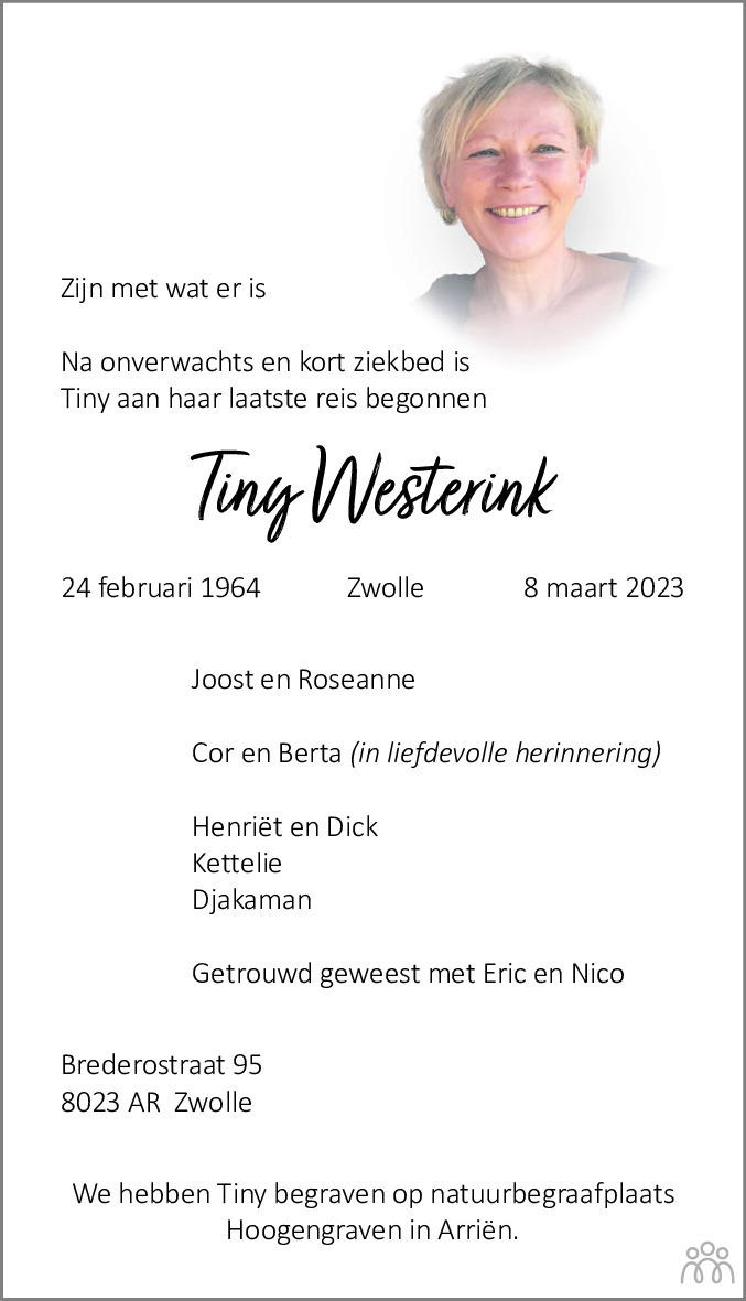 Tiny Westerink 08-03-2023 overlijdensbericht en condoleances