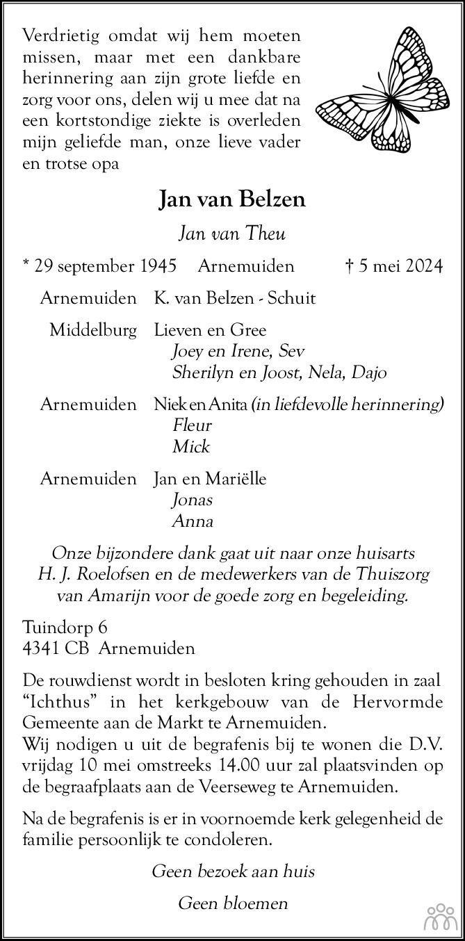 Jan van Belzen 05-05-2024 overlijdensbericht en condoleances ...