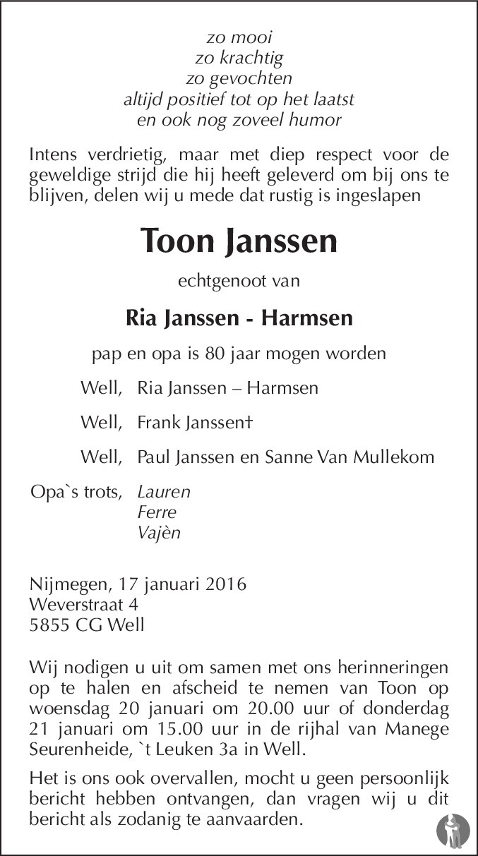 Toon Janssen 17-01-2016 overlijdensbericht en condoleances - Mensenlinq.nl