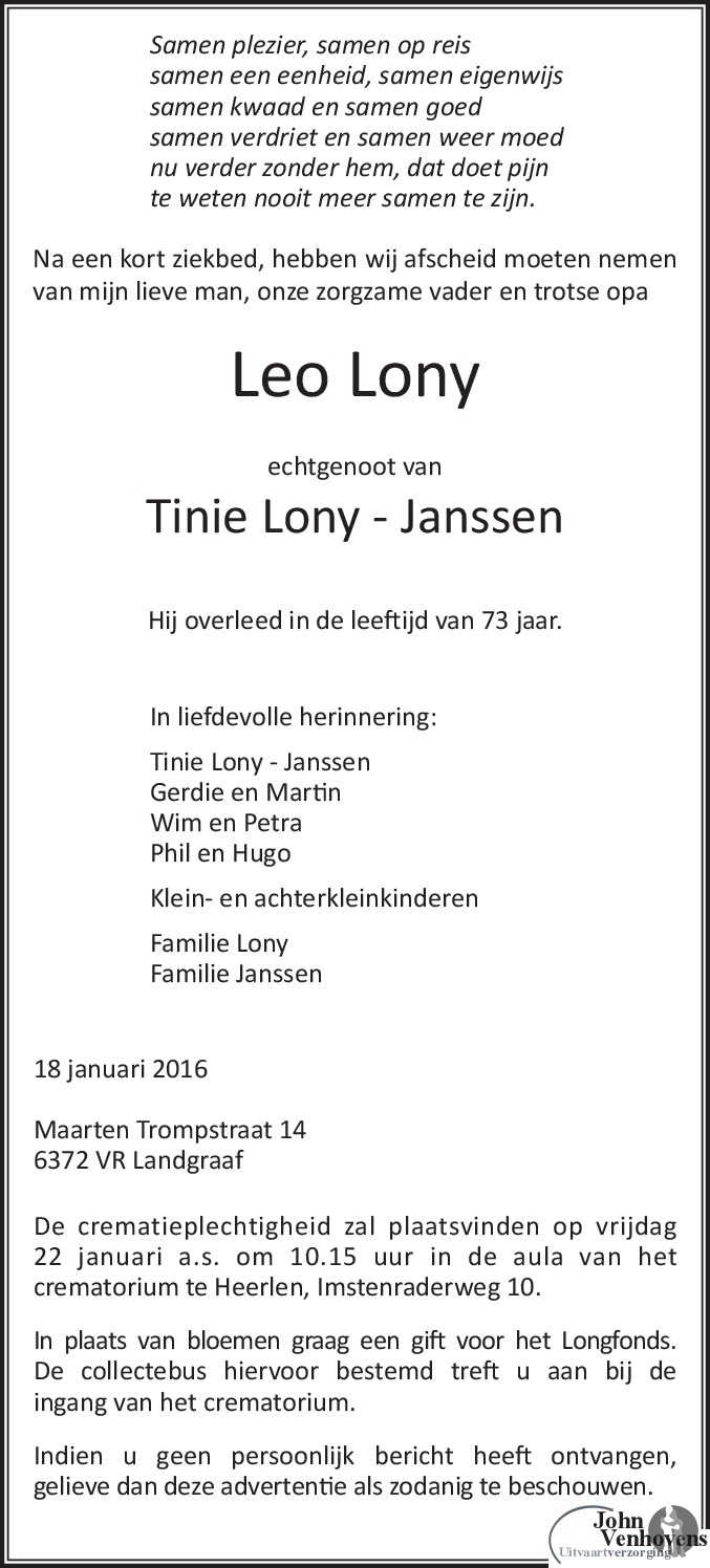 Leo Lony 18-01-2016 overlijdensbericht en condoleances - Mensenlinq.nl