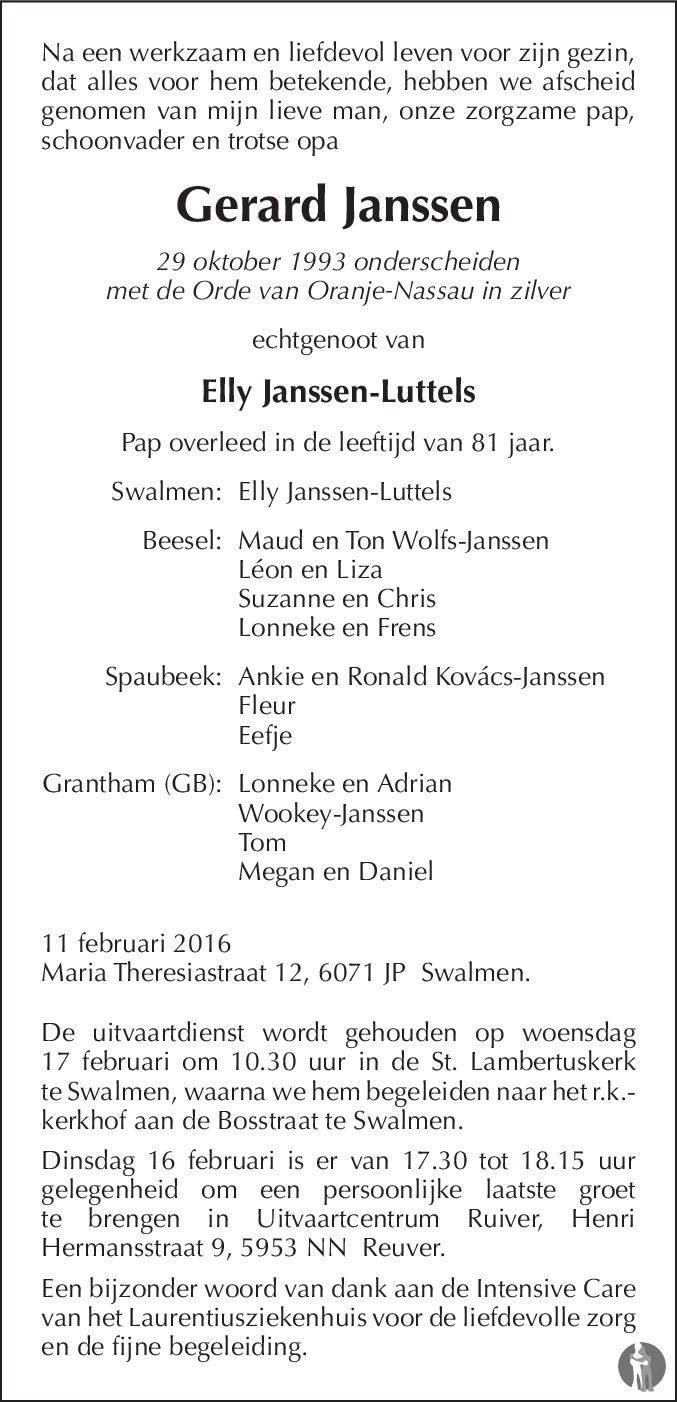 Gerard Janssen 11022016 overlijdensbericht en condoleances