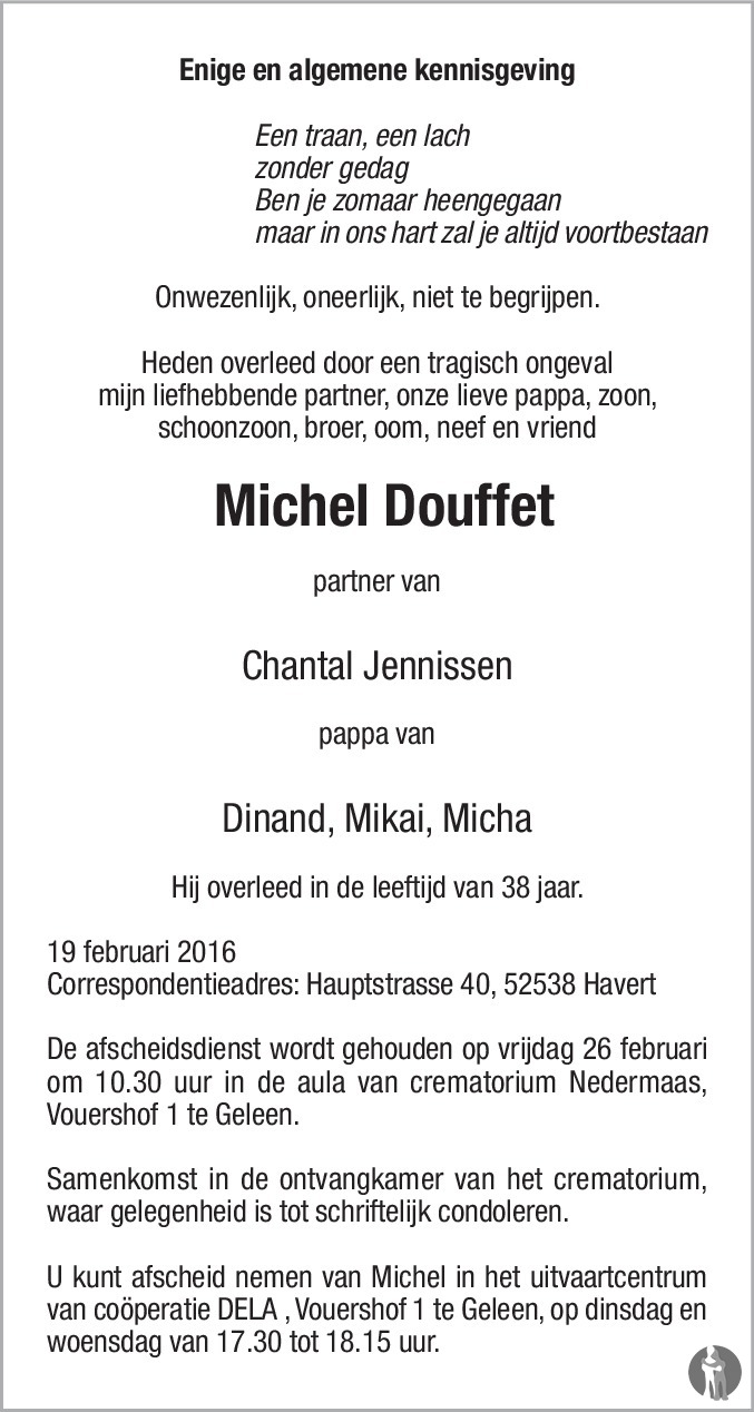 Michel Douffet 19022016 overlijdensbericht en condoleances