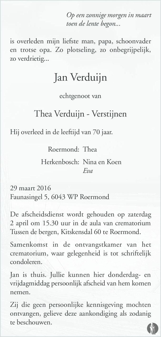 Jan Verduijn Op Adem Jan Verduijn 29-03-2016 overlijdensbericht en condoleances - Mensenlinq.nl