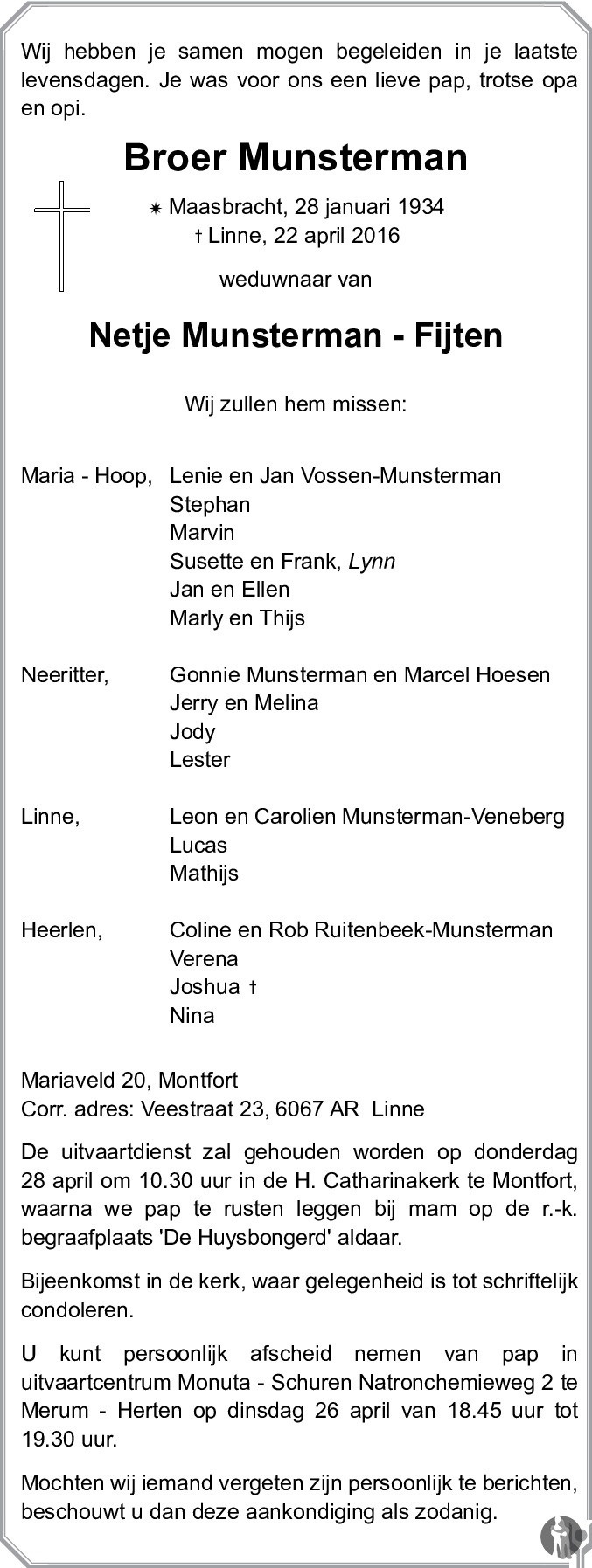 Broer Munsterman 22-04-2016 overlijdensbericht en ...