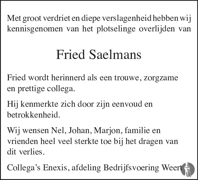 Saelmans Friedie Saelmans 13-05-2016 overlijdensbericht en condoleances ...