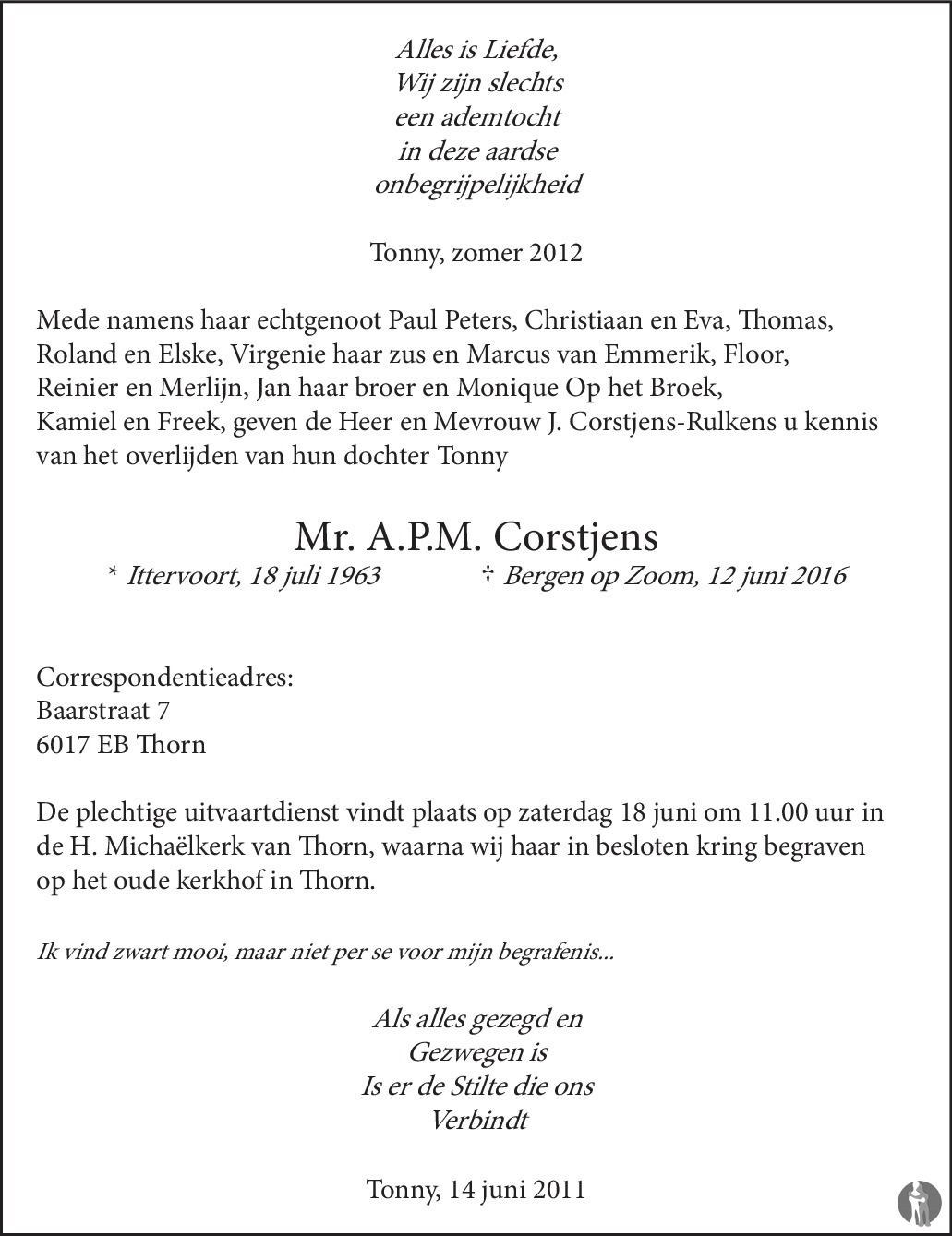 Mr. A.P.M. Tonny Corstjens 12 06 2016 overlijdensbericht en