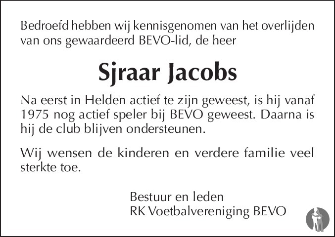 Overlijdensbericht van Sjraar Jacobs in De Limburger