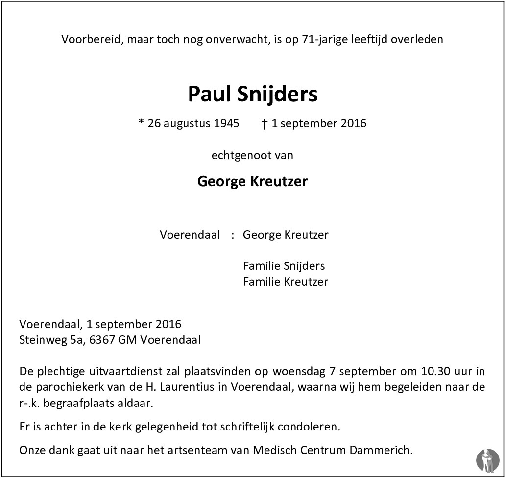 Paul Snijders ✝ 01-09-2016 overlijdensbericht condoleances - Mensenlinq.nl