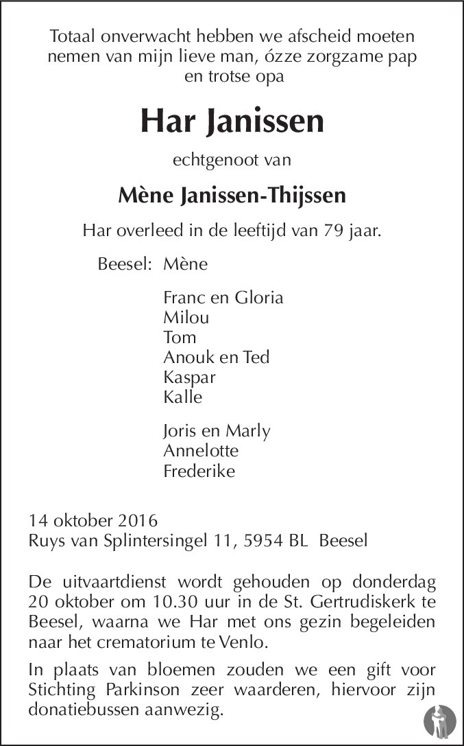 Har Janissen 14-10-2016 overlijdensbericht en condoleances - Mensenlinq.nl