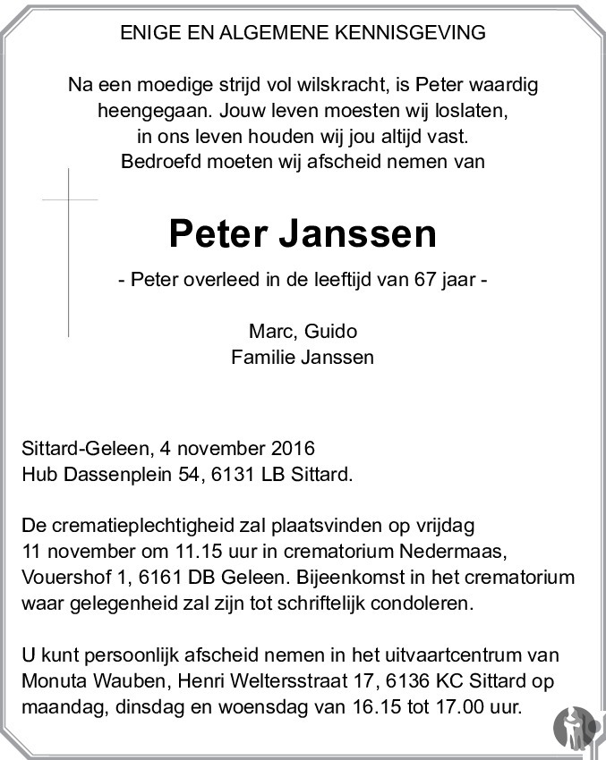 Peter Janssen 04-11-2016 overlijdensbericht en condoleances - Mensenlinq.nl