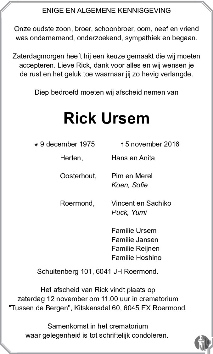 Overlijdensbericht van Rick  Ursem in De Limburger