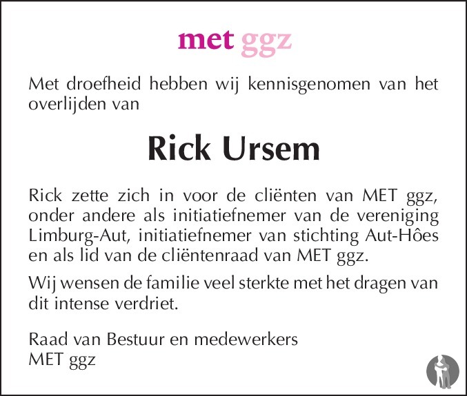Overlijdensbericht van Rick  Ursem in De Limburger