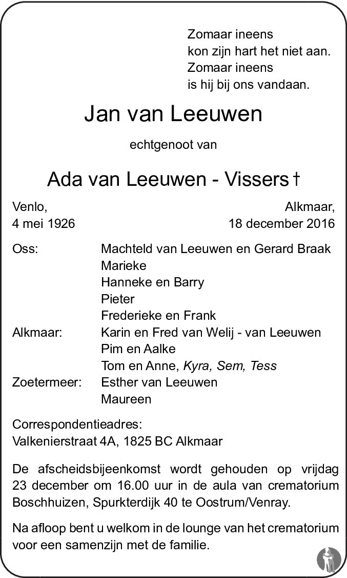 Jan van Leeuwen 18-12-2016 overlijdensbericht en condoleances ...