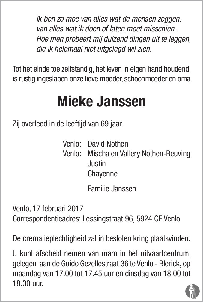 Mieke Janssen 17-02-2017 overlijdensbericht en condoleances - Mensenlinq.nl