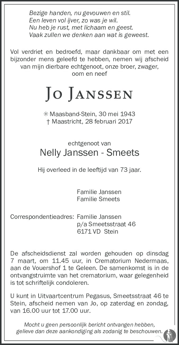 Jo Janssen 28-02-2017 overlijdensbericht en condoleances - Mensenlinq.nl