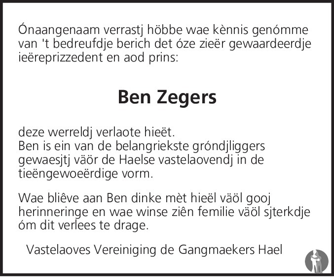 Ben Zegers 12-03-2017 Overlijdensbericht En Condoleances - Mensenlinq.nl