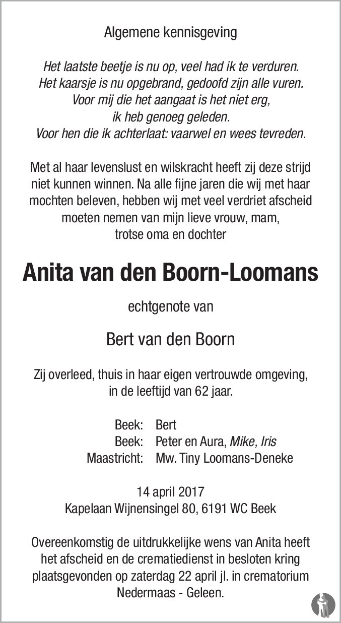 Anita van den Boorn - Loomans 14-04-2017 overlijdensbericht en ...