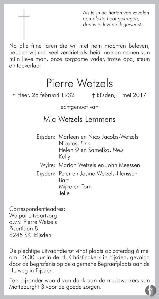 Pierre Wetzels 01-05-2017 Overlijdensbericht En Condoleances ...