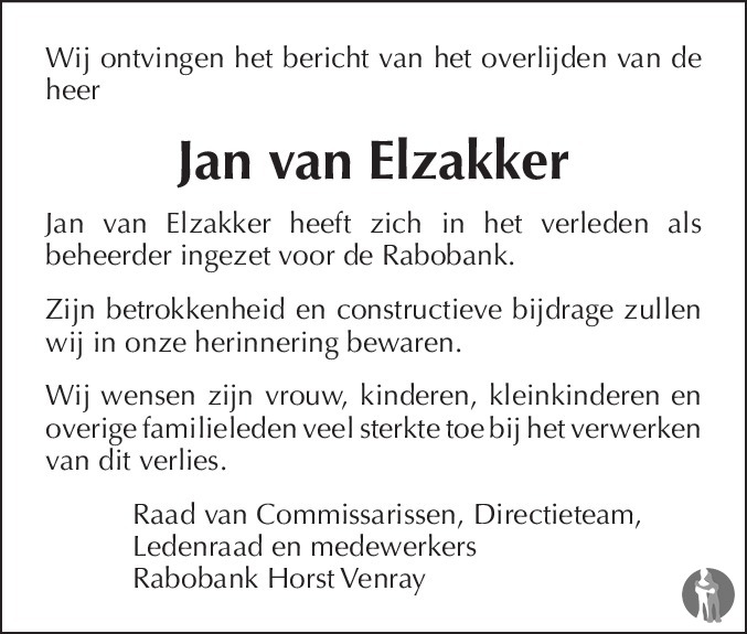Jan van Elzakker 30062017 overlijdensbericht en condoleances