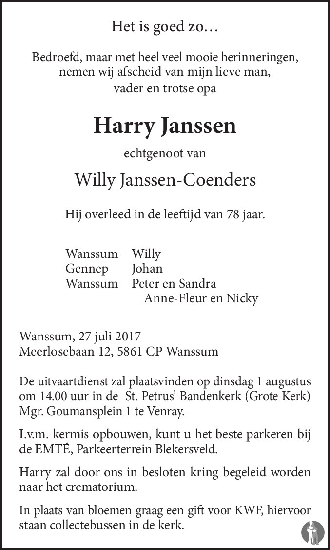 Harry Janssen 27-07-2017 overlijdensbericht en condoleances - Mensenlinq.nl