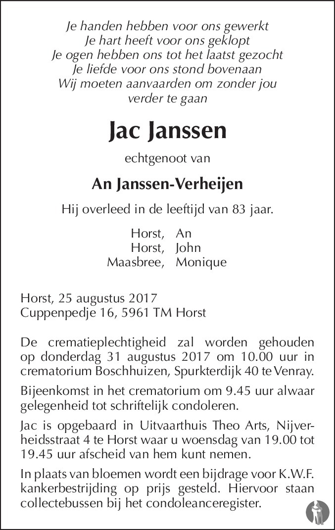 Jac Janssen 25-08-2017 overlijdensbericht en condoleances - Mensenlinq.nl