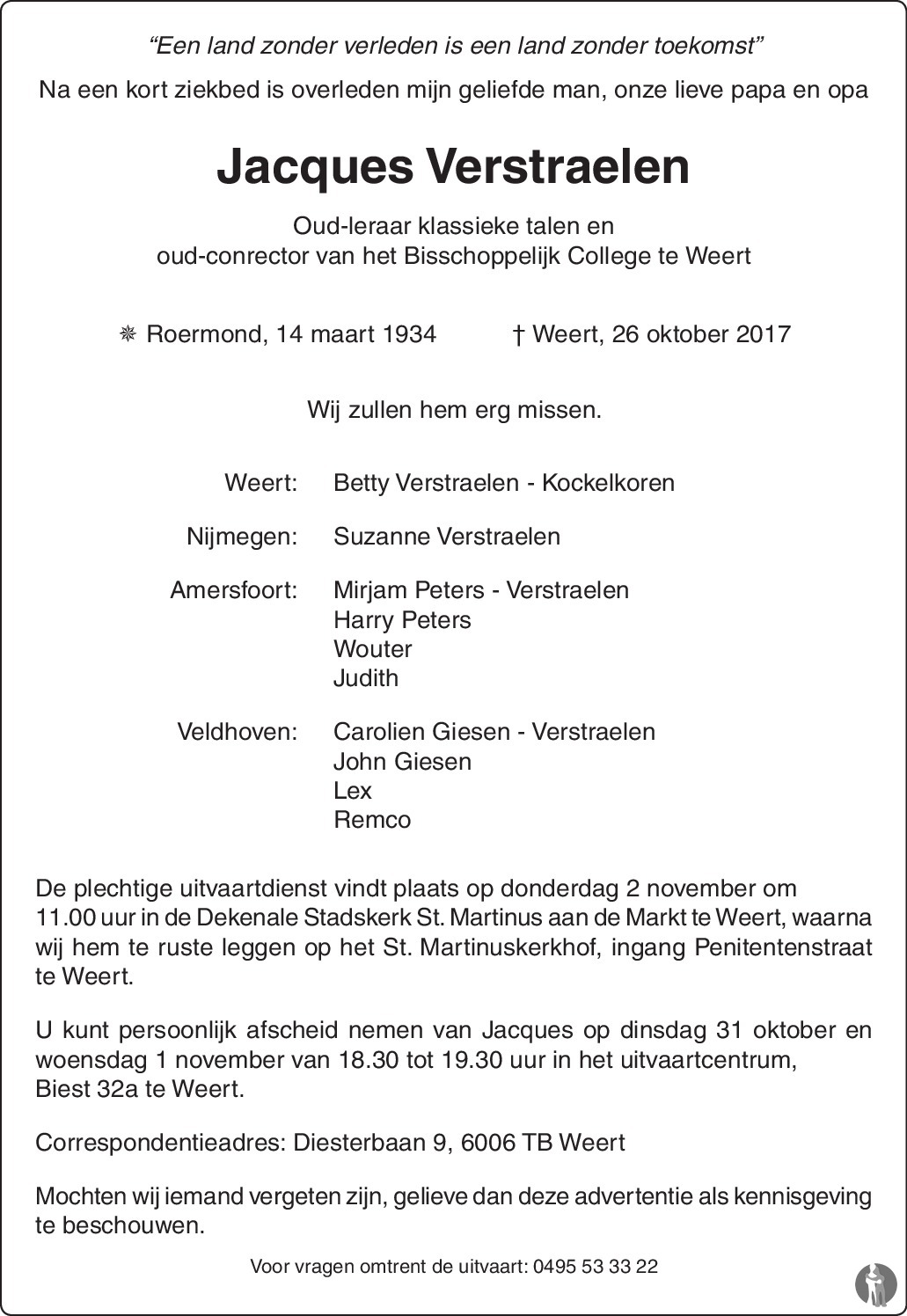 Jacques Verstraelen 26102017 overlijdensbericht en condoleances